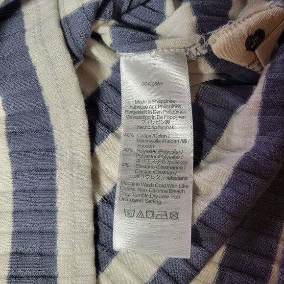 Madewell Women Cotton Blue & White Striped Ribbed Short Sleeve V-Neck Top XS - Picture 2 of 5